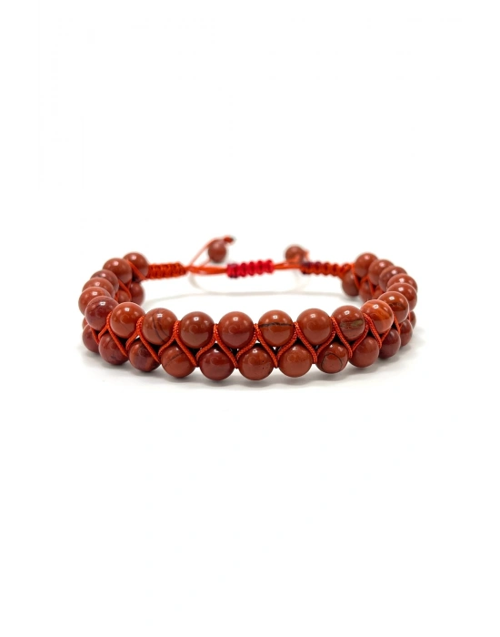 SERTİFİKALI Kırmızı Jasper Çift Sıra Doğal Taş Makrome Bileklik Ayarlanabilir Ölçü