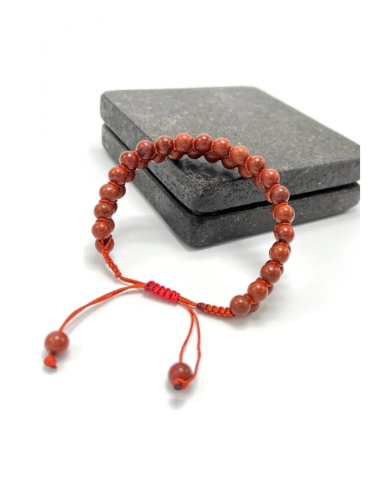 SERTİFİKALI Kırmızı Jasper Çift Sıra Doğal Taş Makrome Bileklik Ayarlanabilir Ölçü