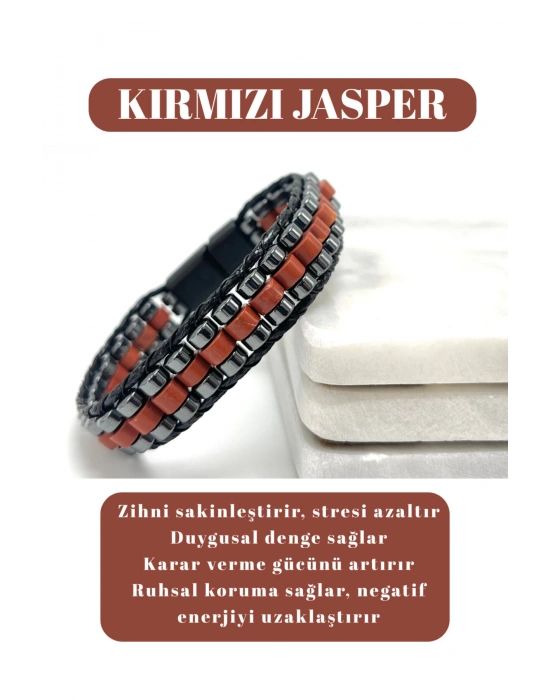 Sertifikalı Kırmızı Jasper Disk Model Doğal Taş Erkek Bileklik Kilitli Kapama