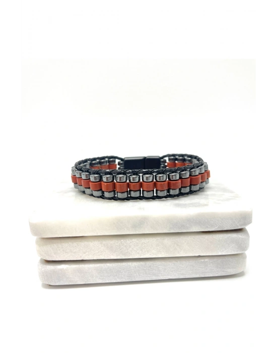 Sertifikalı Kırmızı Jasper Disk Model Doğal Taş Erkek Bileklik Kilitli Kapama