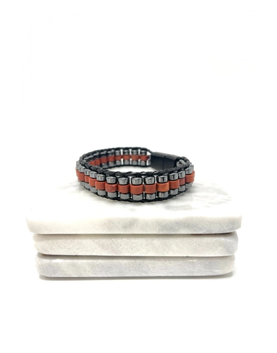 Sertifikalı Kırmızı Jasper Disk Model Doğal Taş Erkek Bileklik Kilitli Kapama