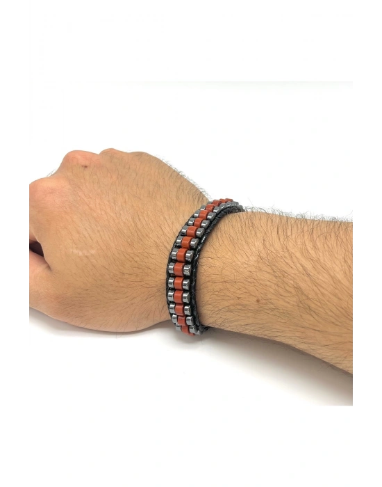 Sertifikalı Kırmızı Jasper Disk Model Doğal Taş Erkek Bileklik Kilitli Kapama