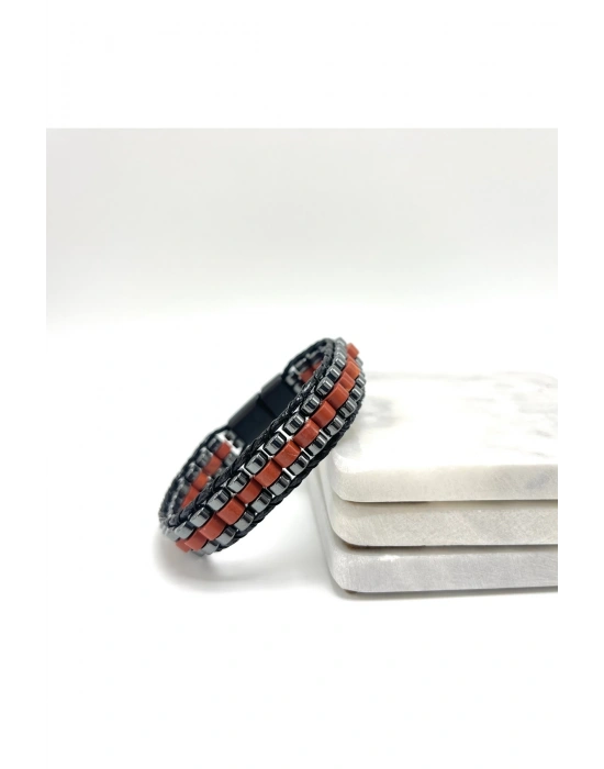 Sertifikalı Kırmızı Jasper Disk Model Doğal Taş Erkek Bileklik Kilitli Kapama