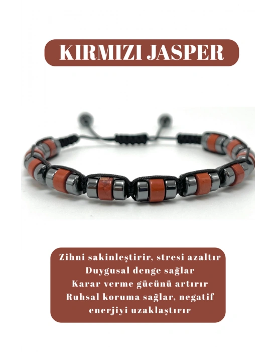 Sertifikalı Kırmızı Jasper Disk Model Doğal Taş Makrome Bileklik Ayarlanabilir Ölçü