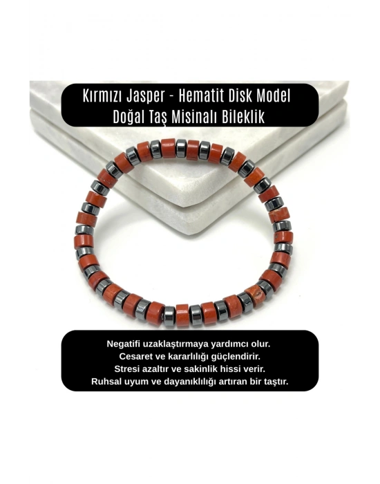 SERTİFİKALI Kırmızı Jasper - Hematit Disk Model Doğal Taş Misinalı Bileklik