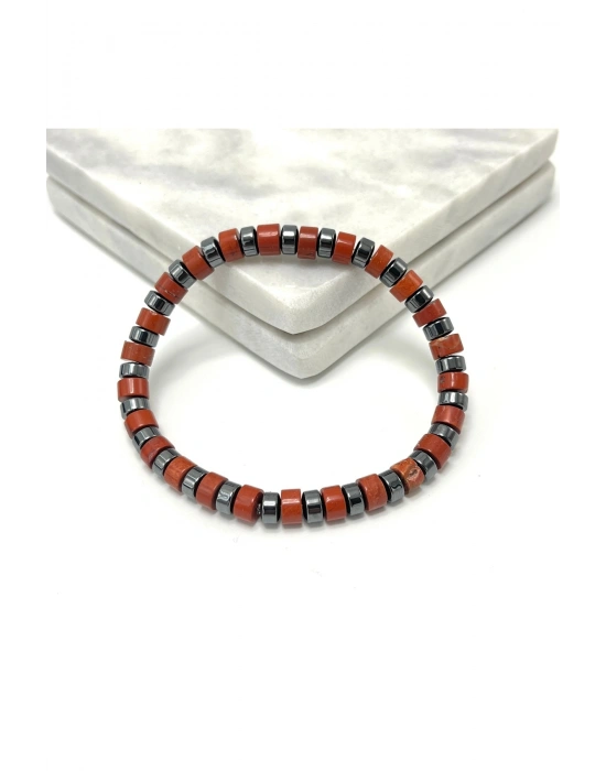 SERTİFİKALI Kırmızı Jasper - Hematit Disk Model Doğal Taş Misinalı Bileklik