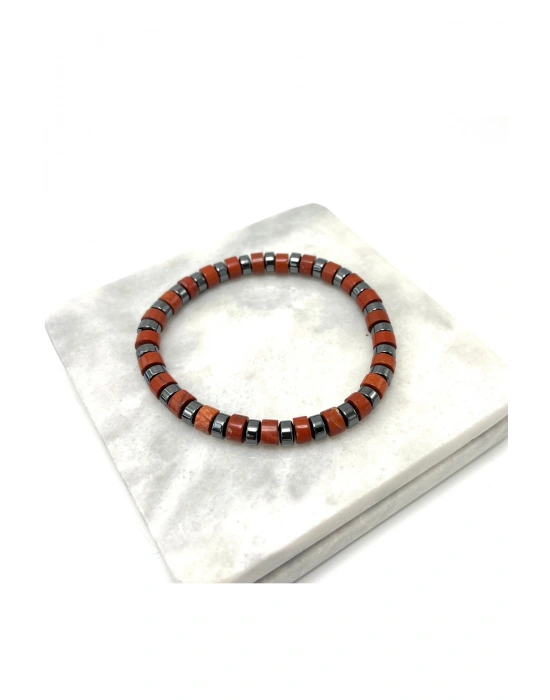 SERTİFİKALI Kırmızı Jasper - Hematit Disk Model Doğal Taş Misinalı Bileklik