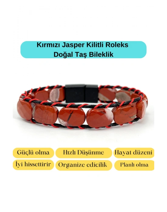 Sertifikalı Kırmızı Jasper Kilit Kapama Roleks Doğal Taş Deri Bileklik