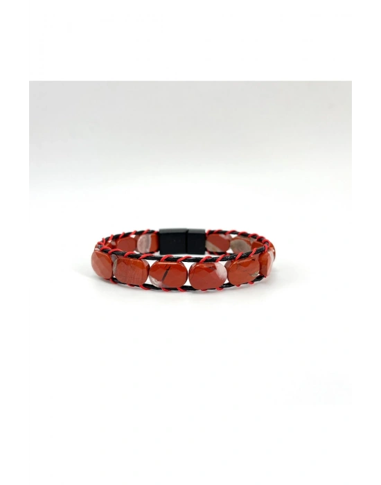 Sertifikalı Kırmızı Jasper Kilit Kapama Roleks Doğal Taş Deri Bileklik