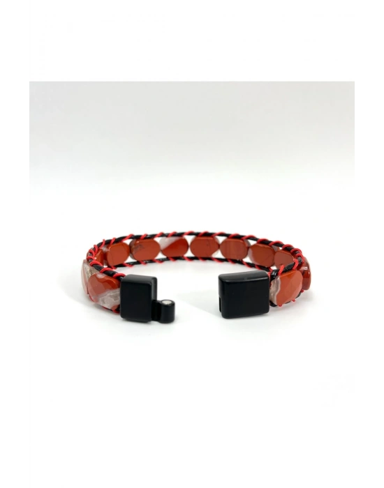 Sertifikalı Kırmızı Jasper Kilit Kapama Roleks Doğal Taş Deri Bileklik