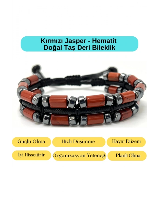 Sertifikalı Kırmızı Jasper ve Hematit Makrome Doğal Taş Deri Erkek Bileklik