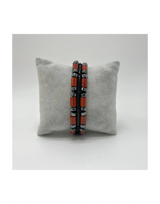 Sertifikalı Kırmızı Jasper ve Hematit Makrome Doğal Taş Deri Erkek Bileklik