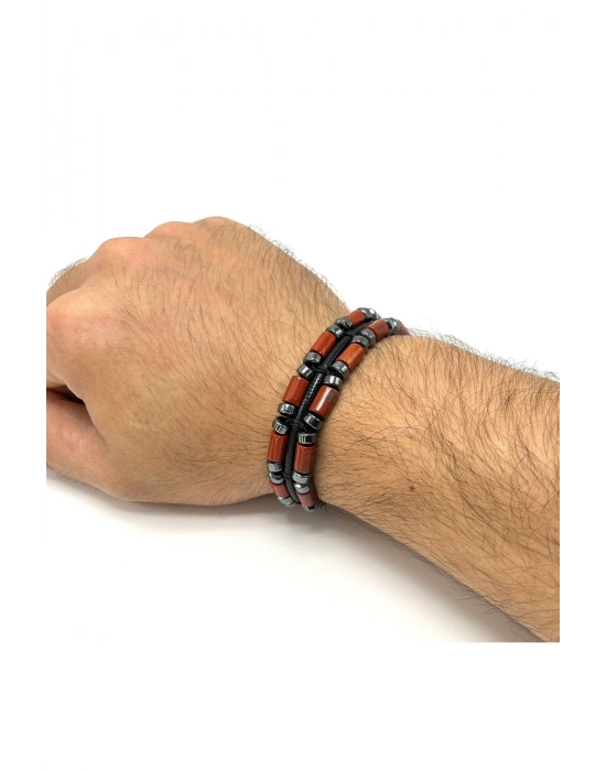 Sertifikalı Kırmızı Jasper ve Hematit Makrome Doğal Taş Deri Erkek Bileklik