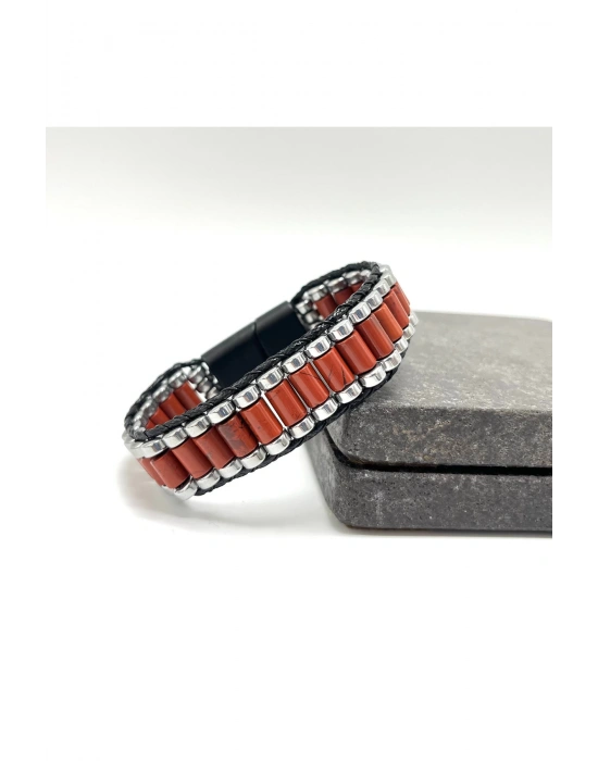 Sertifikalı Kırmızı Jasper ve Hematit Silindir Kesim Kilitli Doğal Taş Deri Erkek Bileklik