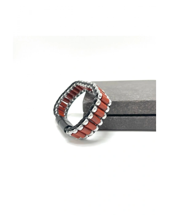 Sertifikalı Kırmızı Jasper ve Hematit Silindir Kesim Kilitli Doğal Taş Deri Erkek Bileklik