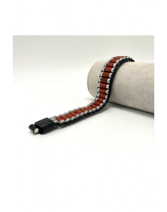 Sertifikalı Kırmızı Jasper ve Hematit Silindir Kesim Kilitli Doğal Taş Deri Erkek Bileklik