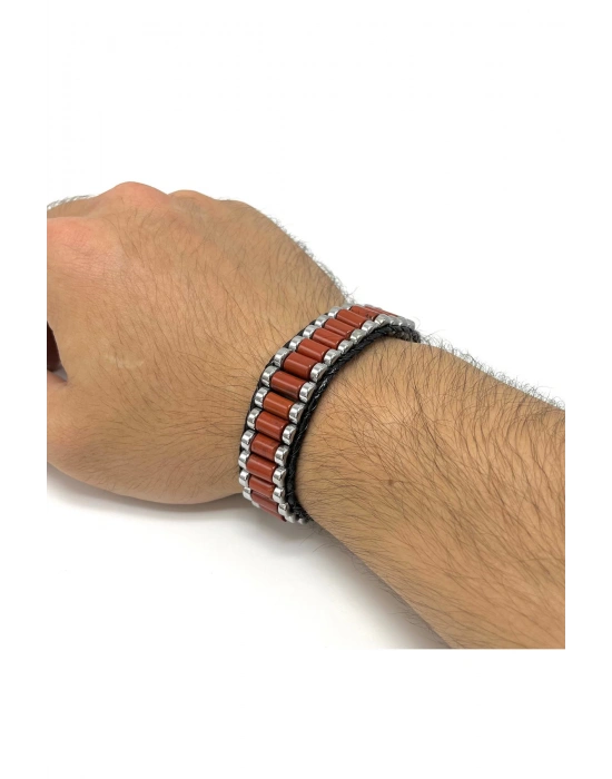 Sertifikalı Kırmızı Jasper ve Hematit Silindir Kesim Kilitli Doğal Taş Deri Erkek Bileklik