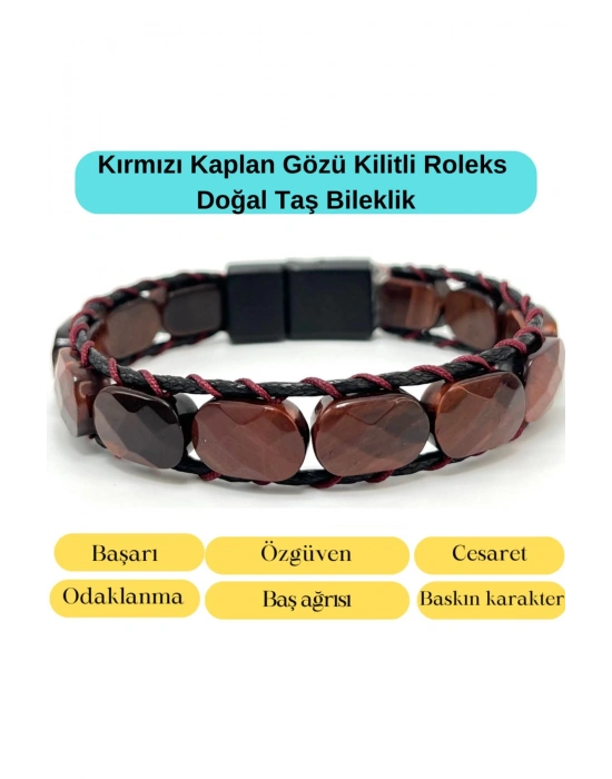 Sertifikalı Kırmızı Kaplan Gözü Kilit Kapama Roleks Doğal Taş Deri Bileklik