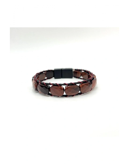 Sertifikalı Kırmızı Kaplan Gözü Kilit Kapama Roleks Doğal Taş Deri Bileklik