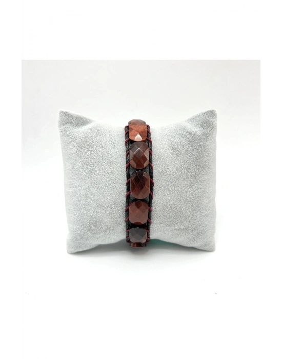 Sertifikalı Kırmızı Kaplan Gözü Kilit Kapama Roleks Doğal Taş Deri Bileklik