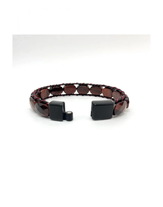 Sertifikalı Kırmızı Kaplan Gözü Kilit Kapama Roleks Doğal Taş Deri Bileklik