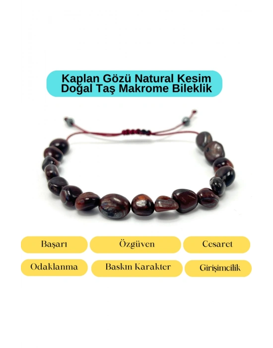 Sertifikalı Kırmızı Kaplan Gözü Natural Kesim Makrome Doğal Taş Bileklik