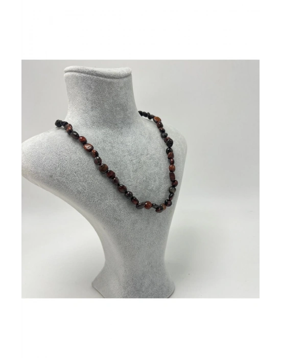 Sertifikalı Kırmızı Kaplan Gözü Natural Kesim Makrome Doğal Taş Kolye