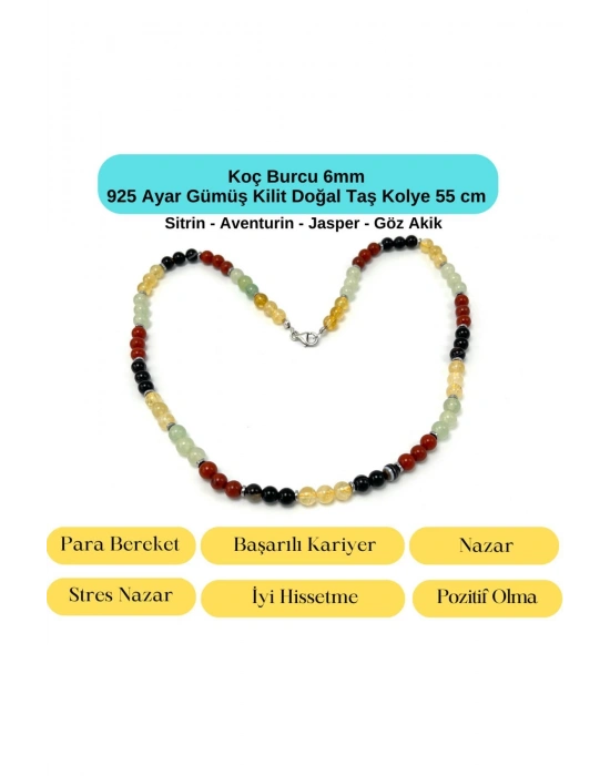 SERTİFİKALI Koç Burcu 6mm 925 Ayar Gümüş Doğal Taş Kolye 55 cm