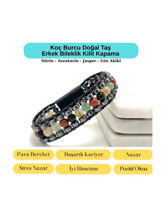 SERTİFİKALI Koç Burcu Disk Model Doğal Taş Erkek Bileklik Mıknatıslı Kilit