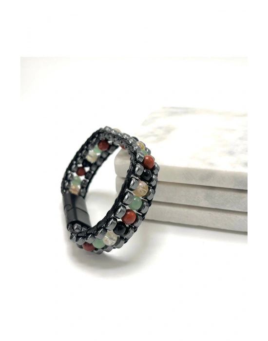 SERTİFİKALI Koç Burcu Disk Model Doğal Taş Erkek Bileklik Mıknatıslı Kilit