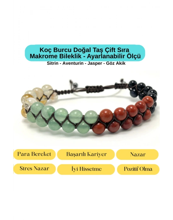 SERTİFİKALI Koç Burcu Doğal Taş Çift Sıra Makrome Bileklik