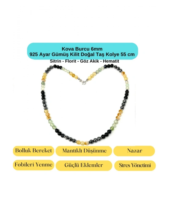 SERTİFİKALI Kova Burcu 6mm 925 Ayar Gümüş Doğal Taş Kolye 55 cm