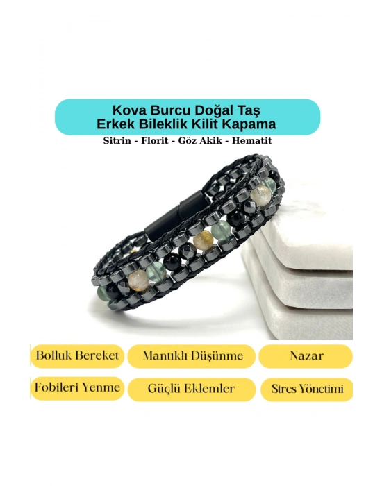 SERTİFİKALI Kova Burcu Disk Model Doğal Taş Erkek Bileklik Mıknatıslı Kilit