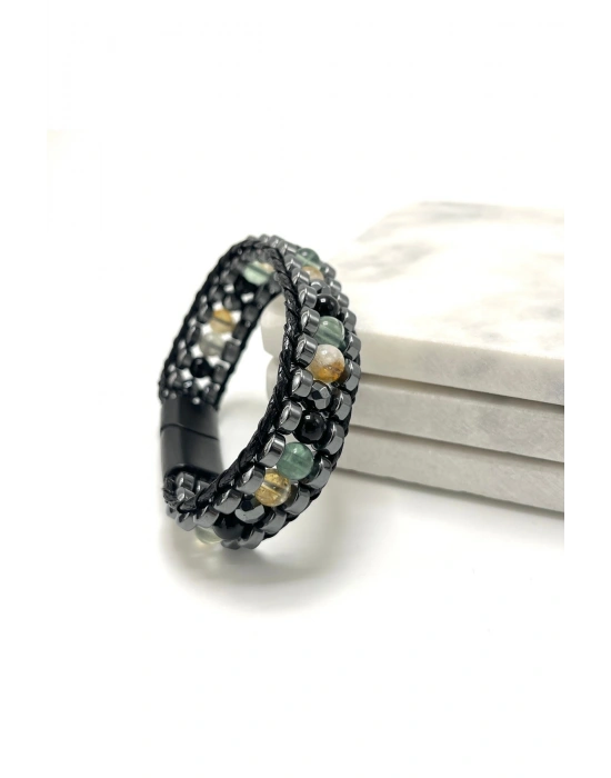 SERTİFİKALI Kova Burcu Disk Model Doğal Taş Erkek Bileklik Mıknatıslı Kilit