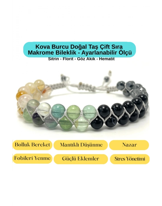 SERTİFİKALI Kova Burcu Doğal Taş Çift Sıra Makrome Bileklik