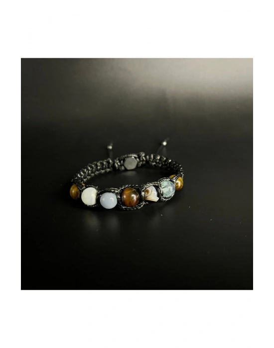 SERTİFİKALI KOVA BURCU DOĞAL TAŞ DERİ BİLEKLİK FLORİT AKİK ANJELİT SEDEF KAPLAN GÖZÜ