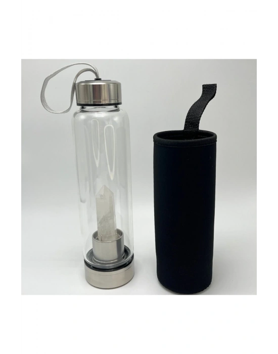 SERTİFİKALI Kristal Kuvars Doğal Taş Cam Su Matarası 550 ml  Özel Kılıflı Contalı Kapak Paslanmaz