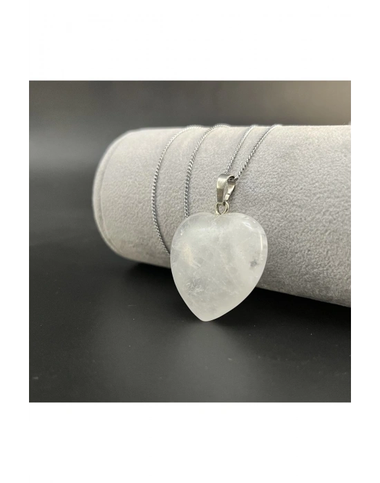 Sertifikalı Kristal Kuvars Kalp Model Doğal Taş Kolye (KARARMAMA GARANTİLİ)