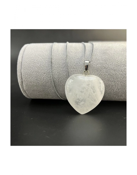 Sertifikalı Kristal Kuvars Kalp Model Doğal Taş Kolye (KARARMAMA GARANTİLİ)