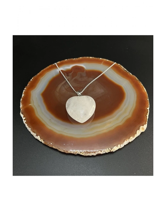 Sertifikalı Kristal Kuvars Kalp Model Doğal Taş Kolye (KARARMAMA GARANTİLİ)