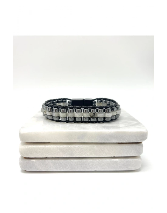 Sertifikalı Labrodorit Disk Model Doğal Taş Erkek Bileklik Kilitli Kapama