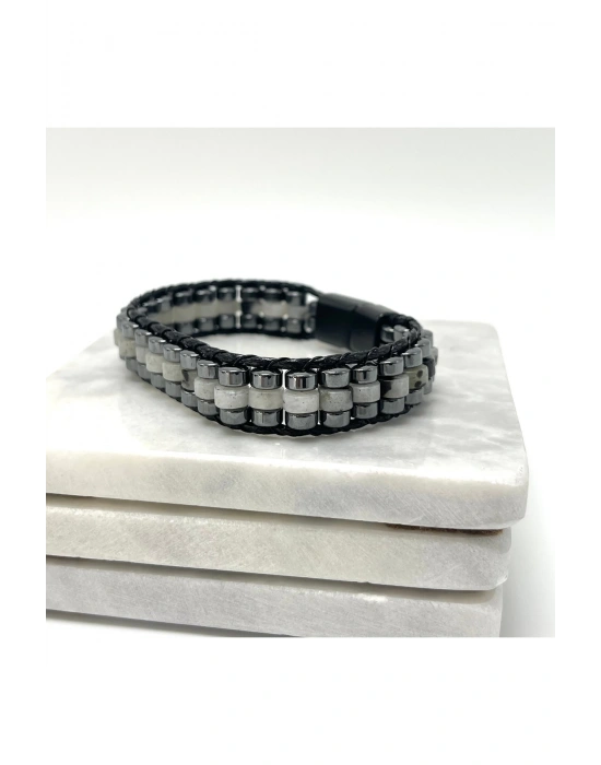 Sertifikalı Labrodorit Disk Model Doğal Taş Erkek Bileklik Kilitli Kapama