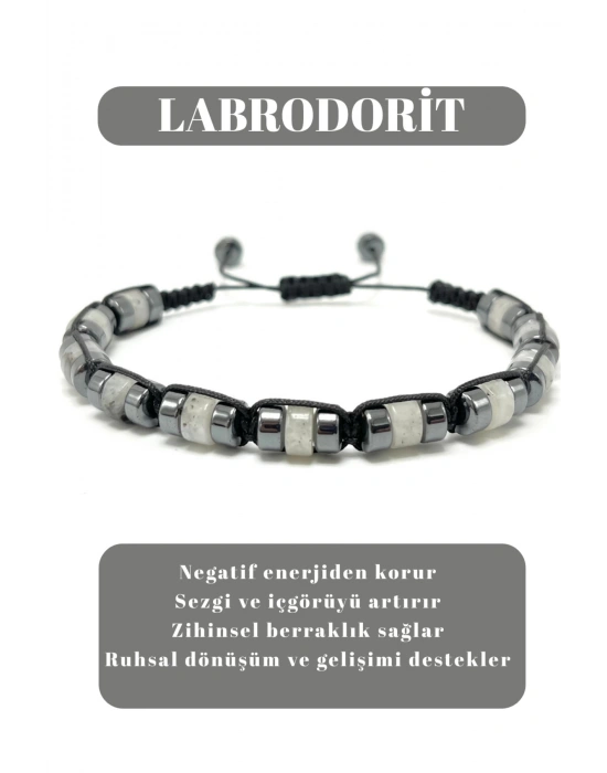 Sertifikalı Labrodorit Disk Model Doğal Taş Makrome Bileklik Ayarlanabilir Ölçü