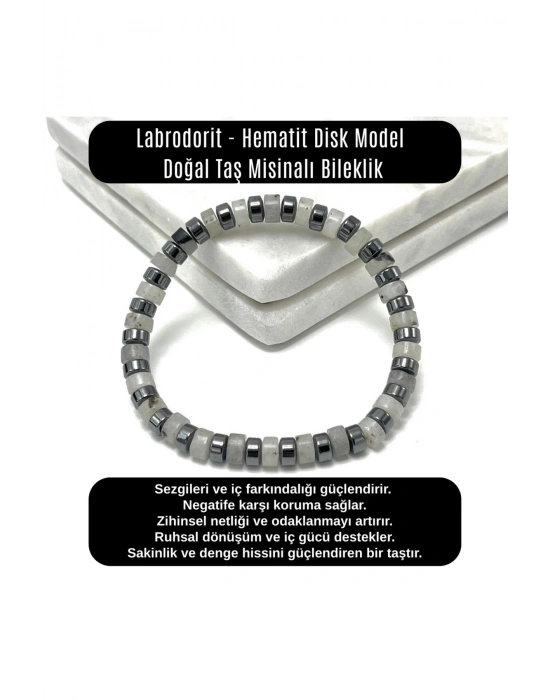 SERTİFİKALI Labrodorit - Hematit Disk Model Doğal Taş Misinalı Bileklik