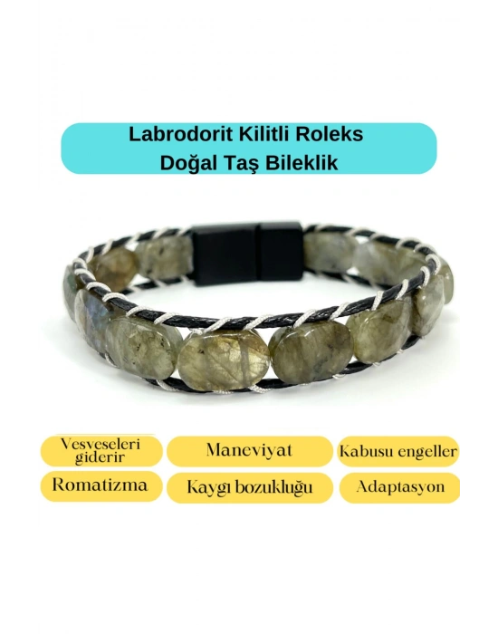 Sertifikalı Labrodorit Kilit Kapama Roleks Doğal Taş Deri Bileklik