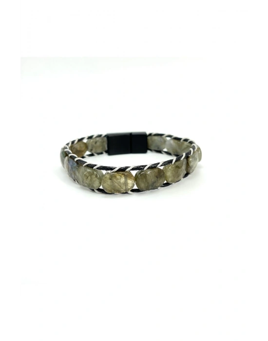 Sertifikalı Labrodorit Kilit Kapama Roleks Doğal Taş Deri Bileklik