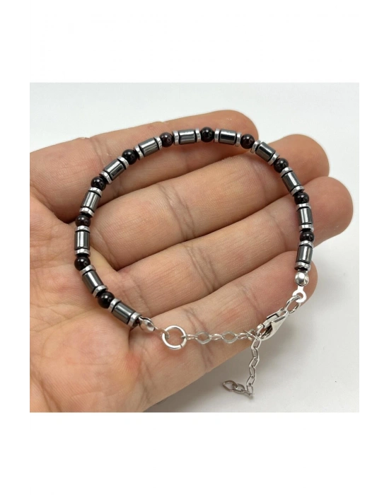 Sertifikalı Lal Granat ve Hematit  925 Ayar Doğal Taş Gümüş Bileklik 4mm