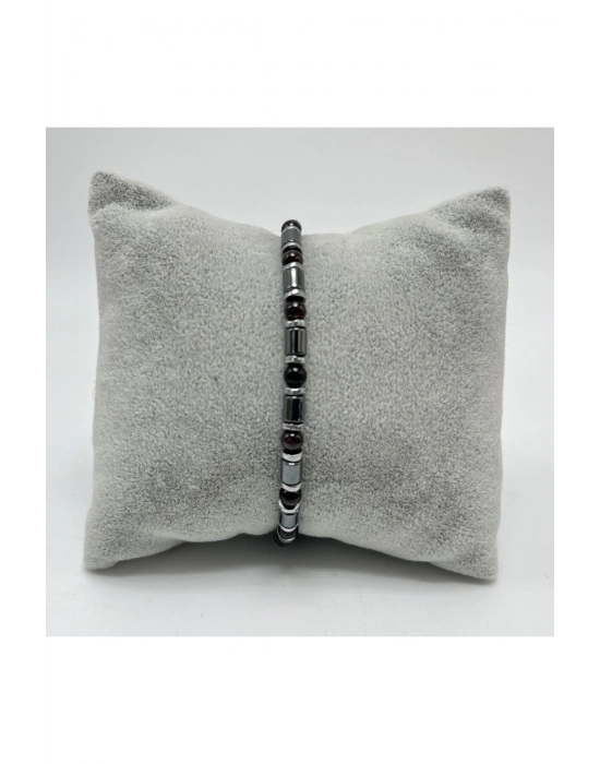 Sertifikalı Lal Granat ve Hematit  925 Ayar Doğal Taş Gümüş Bileklik 4mm