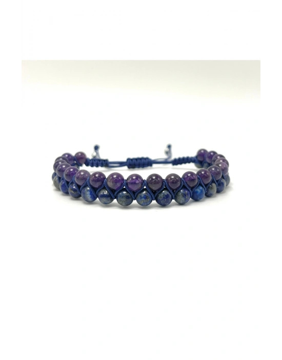 SERTİFİKALI Lapis Lazuli - Ametist Doğal Taş Çift Sıra Makrome Bileklik