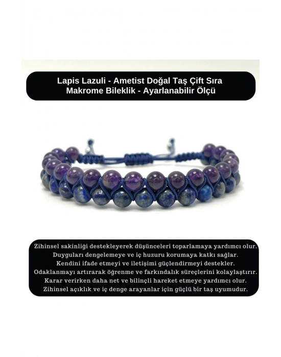SERTİFİKALI Lapis Lazuli - Ametist Doğal Taş Çift Sıra Makrome Bileklik